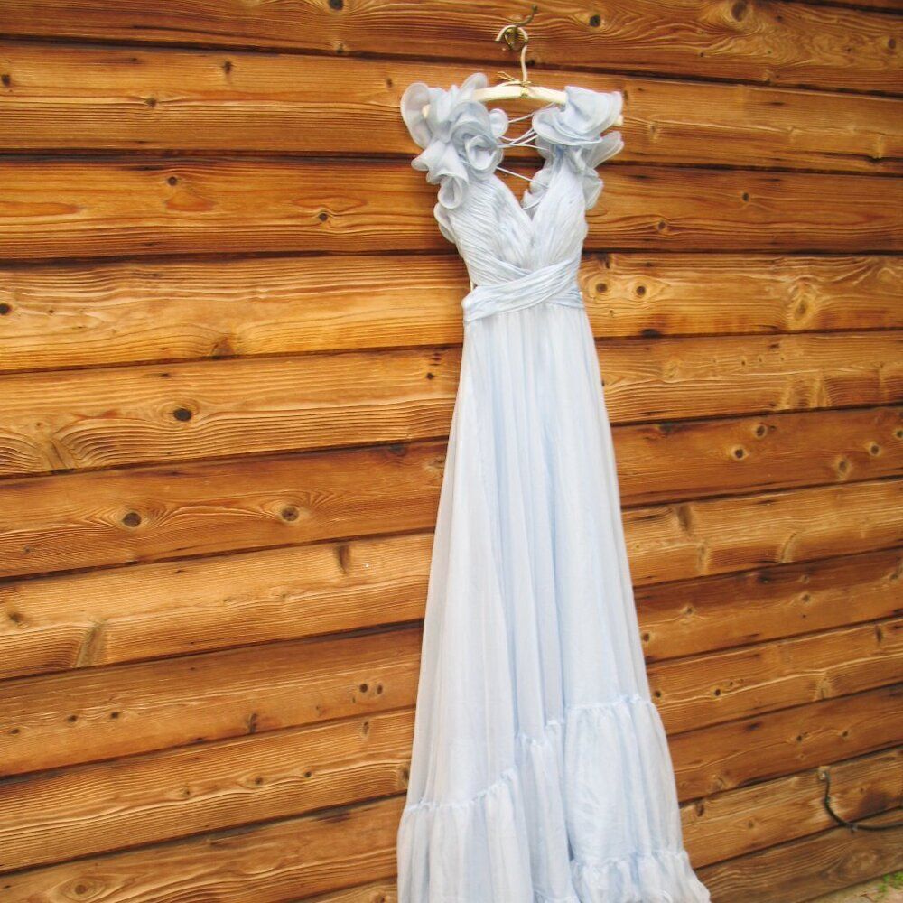 NWT Mac Duggal 67911 Ruffled Tiered Cut Out Chiffon Gown Dress Blue 2 - Picture 7 of 15